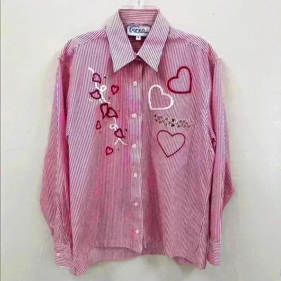 VTG Las Olas Red White Stripes Buttons Shirt - Picture 1 of 5